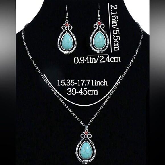 Faux Turquoise Floral Earrings & Necklace Set in vintage bohemian style - Picture 4 of 14
